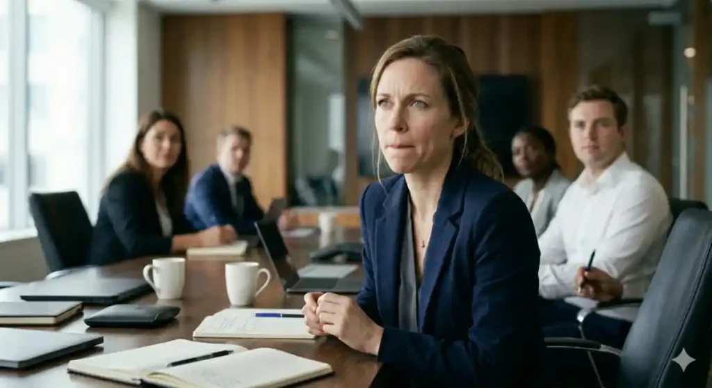 persona bloqueada al hablar en público en una reunión de trabajo