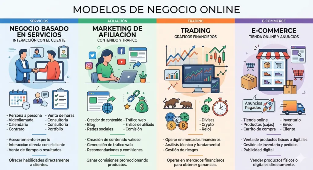 comparativa modelos de negocio online servicios afiliacion trading ecommerce diferencias