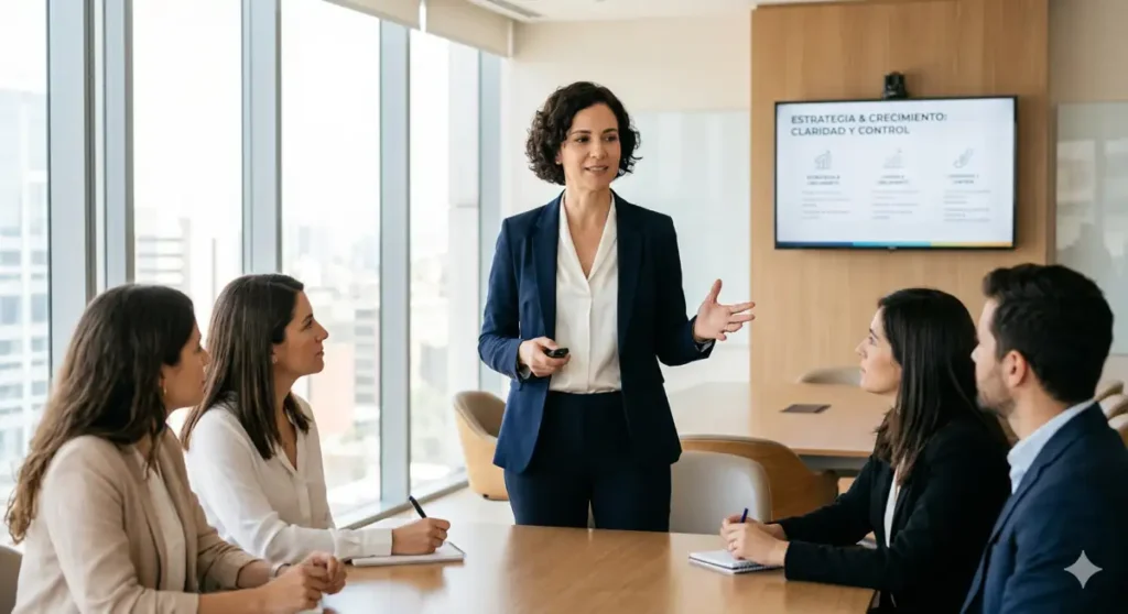 persona hablando en público con seguridad en una reunión profesional