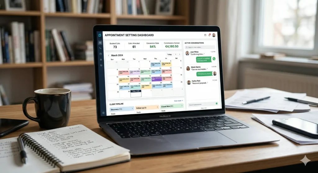 dashboard de appointment setting con calendario clientes y seguimiento de leads en hacking sales