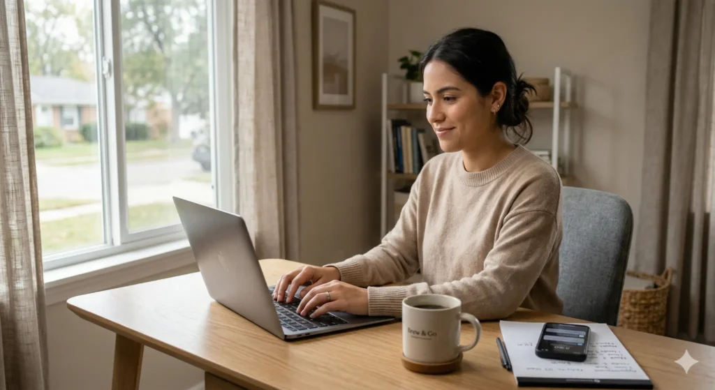 trabajo online como appointment setter desde casa con portátil en entorno realista