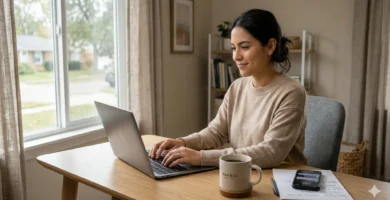 trabajo online como appointment setter desde casa con portátil en entorno realista