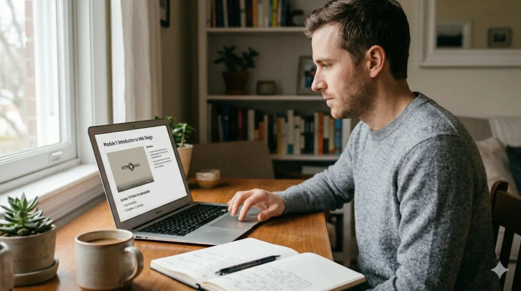 persona explorando una clase online de appointment setting desde casa antes de decidir